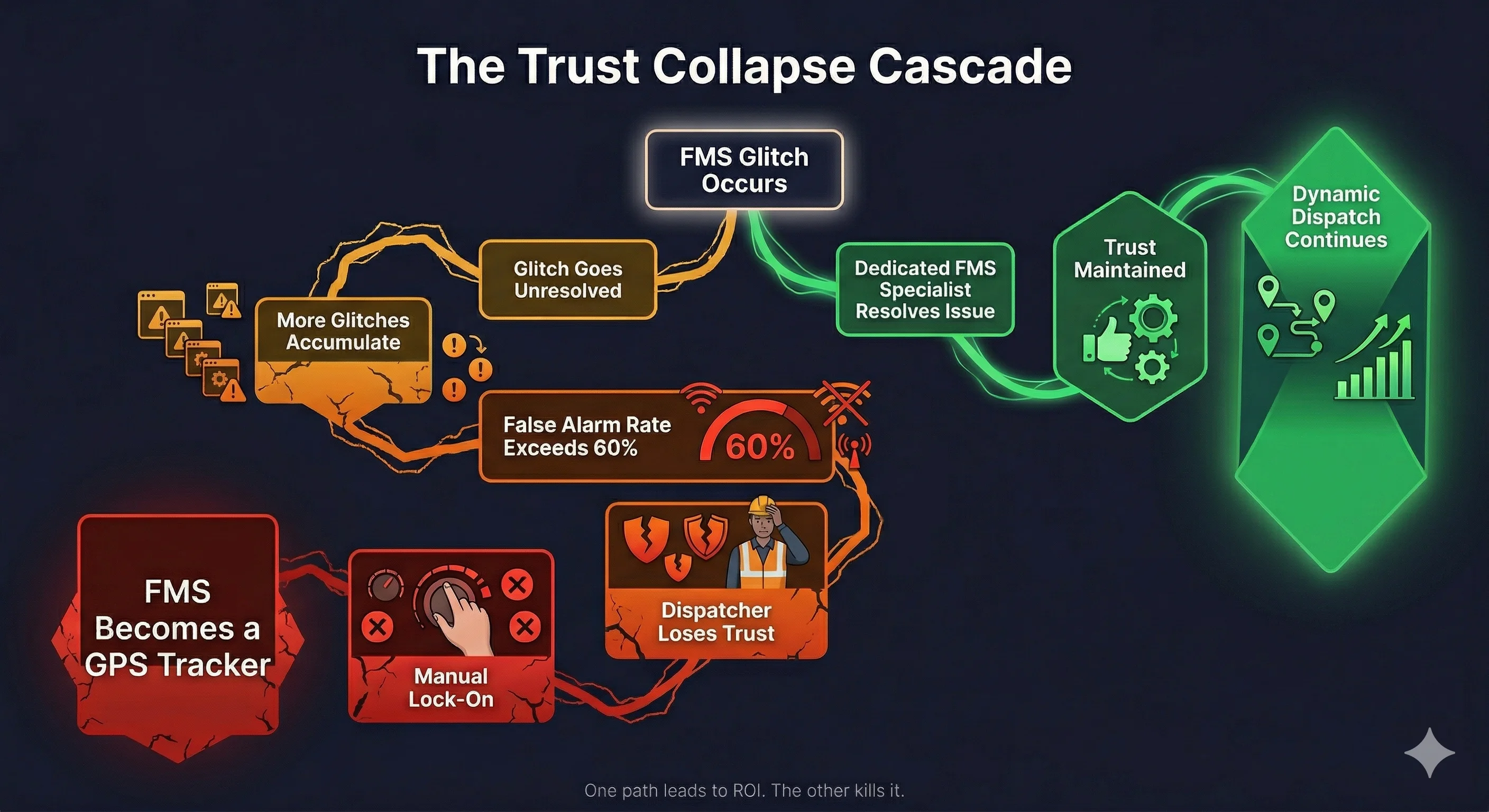 The trust collapse cascade showing how unresolved FMS glitches lead to manual lock-on, and how a dedicated specialist prevents the cascade