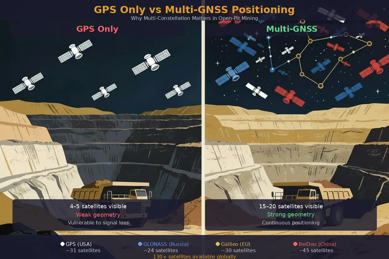 Comparison of GPS-only versus multi-GNSS positioning in an open-pit mine. Left side shows a haul truck with limited sky view and only 4 to 5 satellites from a single GPS constellation. Right side shows the same truck with 15 to 20 satellites visible across GPS, GLONASS, Galileo, and BeiDou constellations providing stronger geometry and continuous positioning